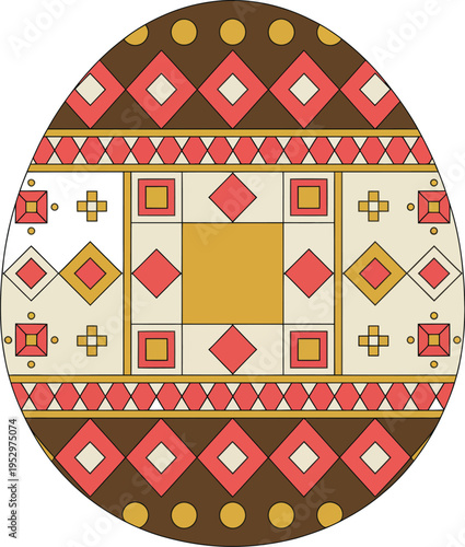 Wallpaper Mural Easter egg design, traditional circular pattern, brown background, red and white diamonds, yellow accents, geometric squares, cross elements, diagonal stripes, crisp lines Torontodigital.ca