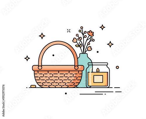 Farmhouse table centerpiece compact scene with wicker basket, candle in glass jar and small dried flowers, symbolizing warmth and welcoming country interior