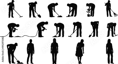 Silhouette collection of workers performing cleaning, gardening, and maintenance tasks, including sweeping, digging, watering plants, and using tools for outdoor and household labor activities