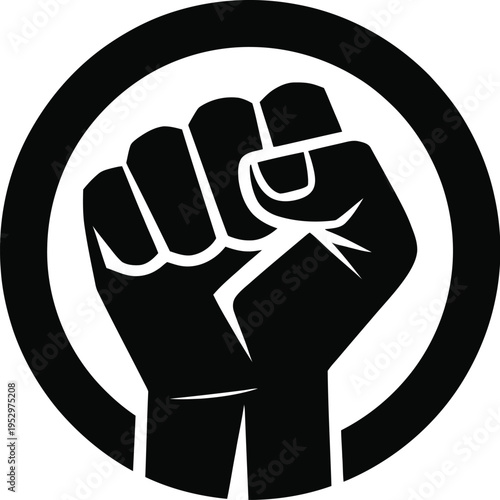 Raised fist emblem, black and white minimalist design, clenched hand, circular frame, bold graphic style, clean lines, sharp edges, symbol of resistance