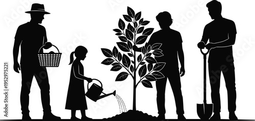 Silhouette illustration of family and workers planting, watering, harvesting, and supporting tree in rural garden, symbolizing teamwork, sustainability, and environmental care practices