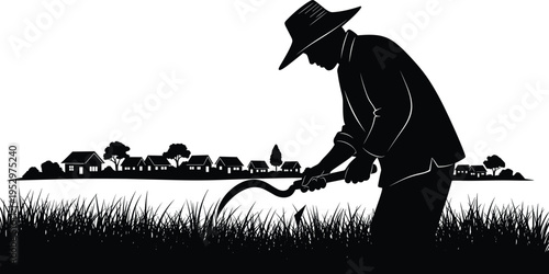 Silhouette illustration of farmer cutting crops with sickle in rural village field, showing traditional agriculture, countryside lifestyle, and farming environment connection