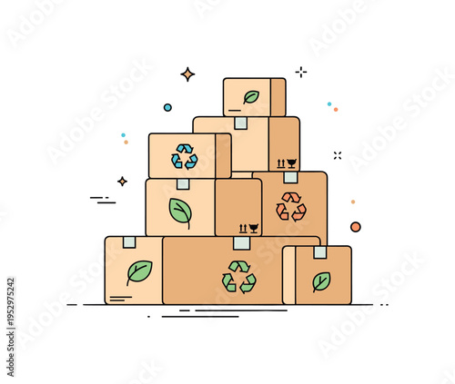 Sustainable brand packaging stack of neatly arranged recyclable boxes with subtle leaf and recycle icons repeating across them, expressing commitment to