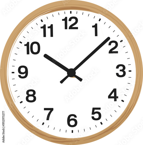 Wall clock cad drawing flat vector illustration showing ten minutes past ten with wooden frame isolated on white background for design