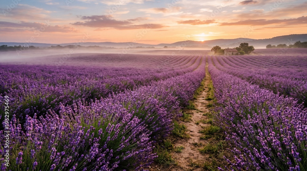 Obraz premium Vast lavender fields stretch towards the horizon under a sunrise sky.