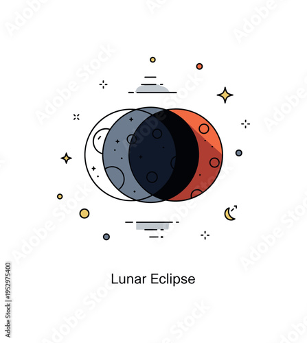 Moon eclipse phenomenon illustrated by overlapping circular shapes creating a partial shadow effect, symbolizing rare celestial alignment and wonder. A subtle