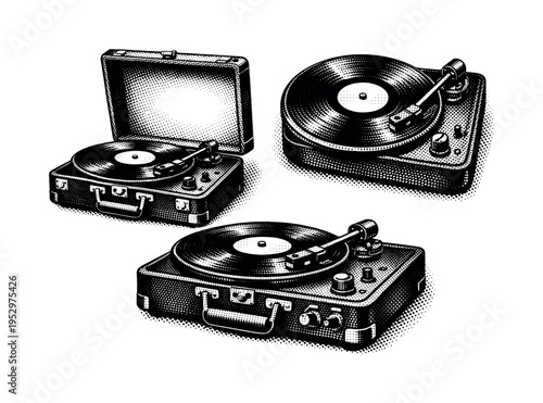 Vinyl Turntable ? portable suitcase turntable. A compact portable vinyl turntable represented as a single object shown in three different views highlighting