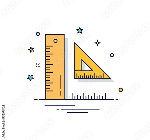 Measuring tool concept featuring a ruler paired with a small triangle set square and subtle alignment lines beneath. A compact representation of geometry,