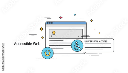 Web design accessibility concept with a clean website mockup accompanied by a small universal access symbol and clear text blocks, representing inclusive