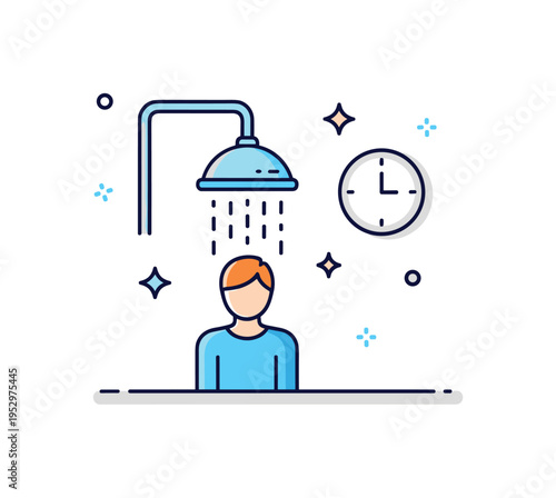 Quick rinse shower illustrated with a figure under short vertical water lines and a small clock icon nearby, expressing efficiency and time saving routine.