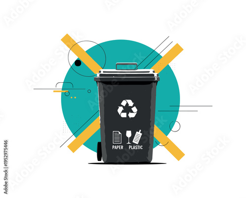 monochrome recycling bin with paper, glass, and plastic icons simplified in black and white, bold teal circular halo and mustard yellow rectangular bars