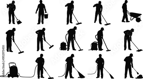 Silhouette illustration of janitorial workers performing cleaning and maintenance tasks with mops, buckets, vacuum cleaners, pressure washers, and wheelbarrow in custodial workplace environment