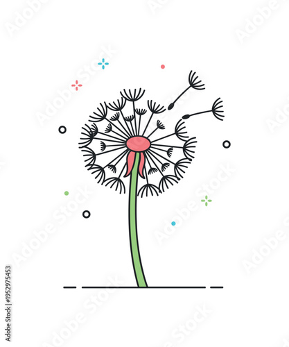 Dandelion silhouette minimal round seed head in soft contrast with a few seeds detaching, highlighting graphic simplicity and natural symmetry. Minimalist flat