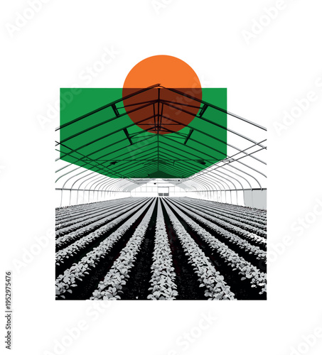 black and white rows of crops inside greenhouse perspective view, bold green rectangular block hovering above as abstract roof plane, orange circular shape