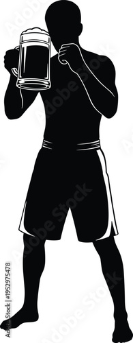 Silhouette illustration of man in fighting stance holding beer mug, representing humorous contrast of drinking culture, boxing pose, and playful lifestyle conceptSilhouette illustration of man  