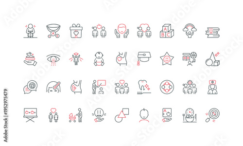 Child care, maternity and parenthood, motor skill support, school line icon set. Homework help and talent development, reading and training, play thin black and red outline symbols vector illustration