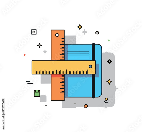 Minimal desk stationery arrangement featuring a ruler slightly overlapping a notebook corner with subtle shadow depth. The composition evokes organization,