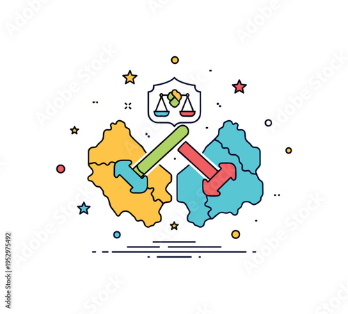 Federalism and sovereignty balance idea built around two interlocking shapes representing regions beneath a central emblem, symbolizing shared governance
