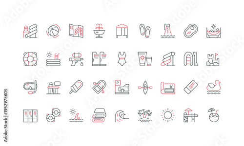 Water park for summer beach activity, waterslide and tube, aquapark map, pool line icon set. Shower and locker, reception desk and parking thin black and red outline symbols vector illustration