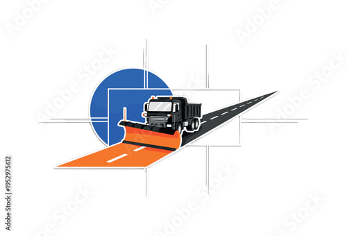 Black and white snow plow truck clearing a wide road, bold blue circle partially hidden behind the vehicle, orange rectangular block beneath the plow blade