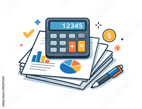 Accountant calculator documents focused on a tidy workspace with a calculator resting on neatly stacked papers, expressing accuracy, responsibility, and