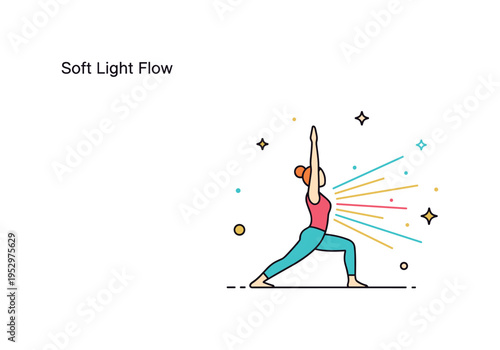 Soft light yoga flow concept shown as a figure in a simple warrior pose with diagonal sun rays entering from the side, expressing strength blended with