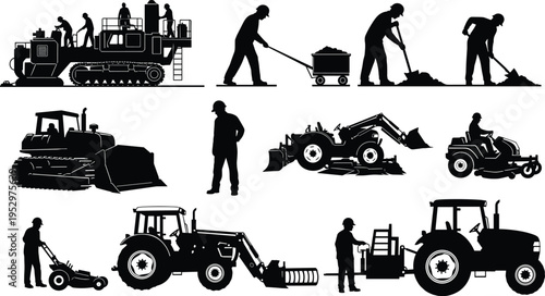 Silhouette illustration of workers operating construction and agricultural machinery including bulldozer, tractor, forklift, lawn mower, and manual labor, representing industry, 