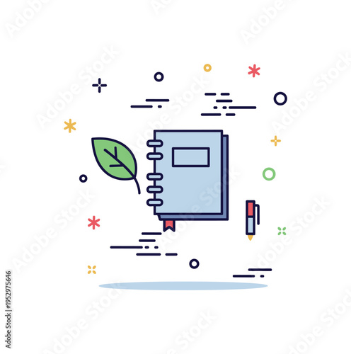 Nature inspired poetry writing featuring a notebook surrounded by a small leaf and subtle breeze lines, expressing connection between landscape and lyrical