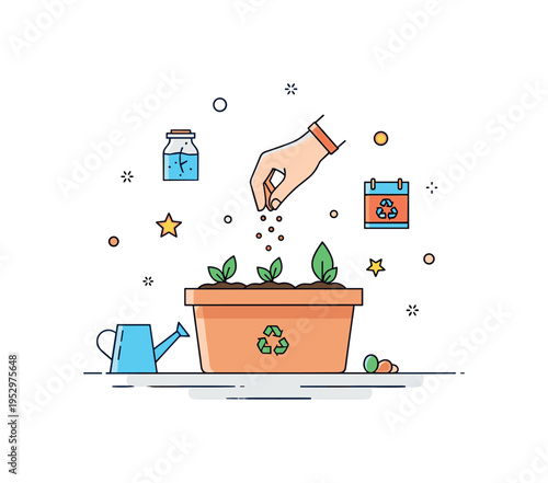 Urban gardening sowing theme centered on a compact planter box with a hand sprinkling seeds and a small watering can beside it, expressing home cultivation and