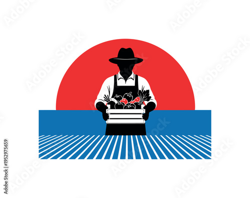 Black and white farmer silhouette holding crate of produce, bold red semicircle framing upper body for emphasis, blue rectangular base anchoring the lower