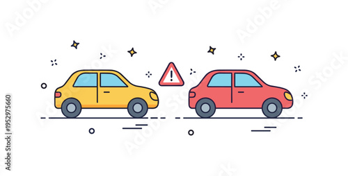 Traffic accident alert two simplified cars slightly angled with a small warning triangle between them, expressing caution and the importance of road awareness.