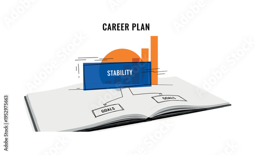 Black and white open notebook with career plan sketched as simple diagram, large cobalt blue rectangle echoing stability, orange semicircle rising behind like