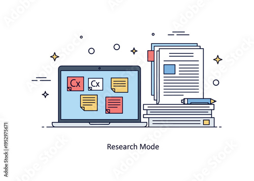 Laptop and documents academic research setup featuring a laptop with citation notes on screen and organized printed articles stacked beside it, symbolizing