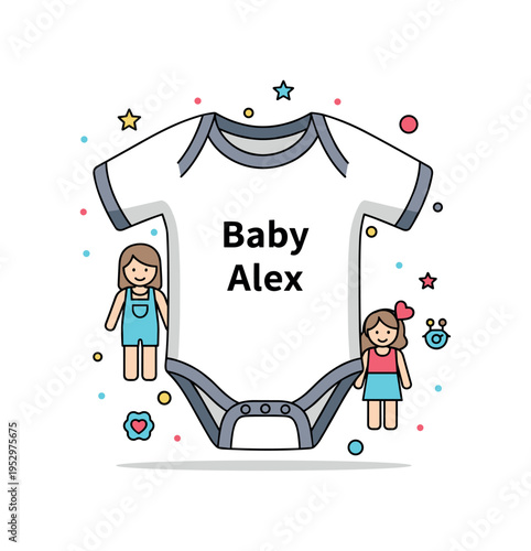 Personalized baby onesie simple bodysuit with custom name text Baby Alex printed across the front, symbolizing individuality and family bonding. Minimalist