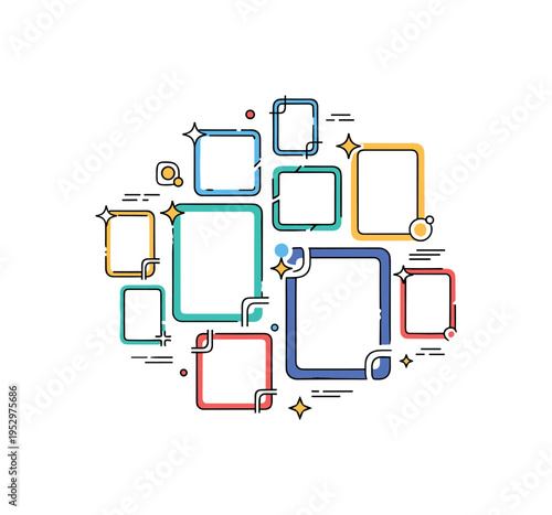 Mix and match frames collection of different sized frames forming a visually pleasing cluster with subtle star accents suggesting creativity and personality.