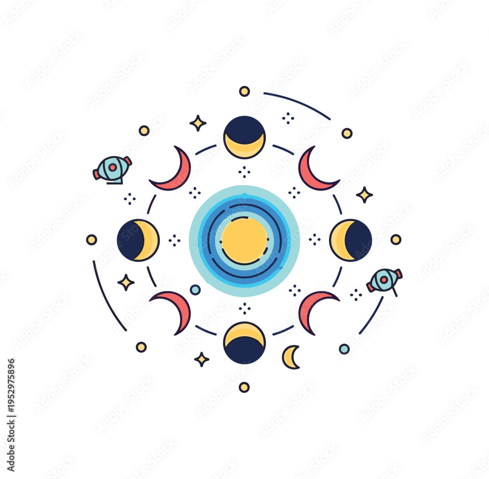 Obraz premium Lunar cycle badge circular emblem featuring layered moon phase icons and subtle star dots, representing astronomy, nature cycles and timeless celestial