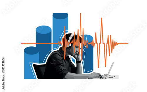 Black and white employee wearing headphones deeply focused at a desk, bold orange soundwave shapes flowing around the head as abstract geometry, blue