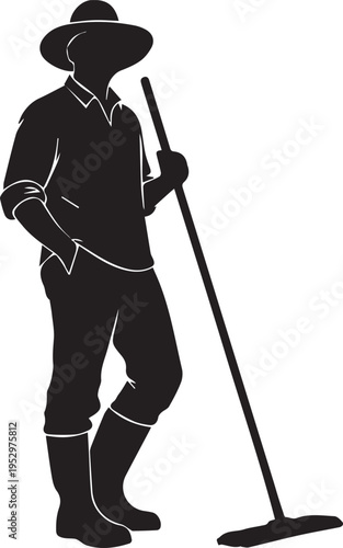 Silhouette of traditional farmer with rake, wearing wide‑brimmed hat, boots, and rolled sleeves, representing rural agricultural lifestyle and manual farming heritage illustration