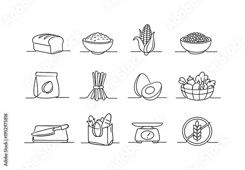 Gluten-Free Diet Essentials. Minimalistic set one-line drawing [gluten-free bread loaf, rice bowl, corn cob, quinoa grains in bowl, almond flour bag,
