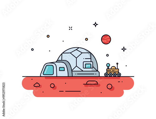 Mars exploration theme showing a compact habitat dome on a red planet surface with a tiny rover nearby. The scene reflects future colonization concepts and