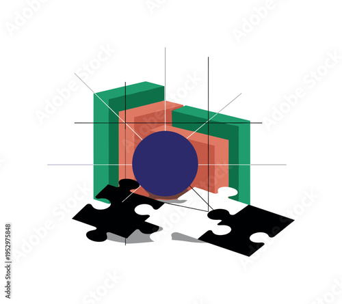 Black and white puzzle pieces fitting together held by two adults, bold emerald green circular halo reinforcing compatibility, deep indigo rectangular blocks