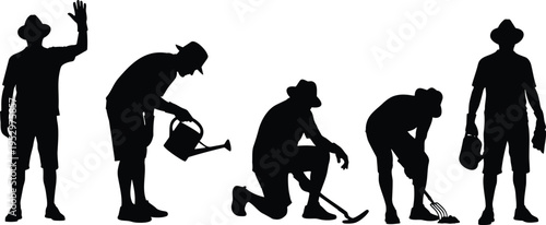 Silhouettes of gardeners waving, watering, digging, raking, and carrying basket, representing rural horticulture lifestyle, plant care, and traditional gardening activities illustration