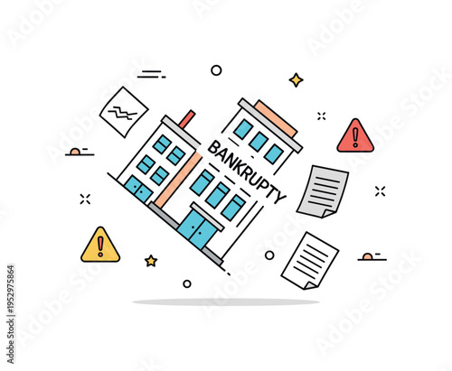 Bankruptcy situation illustrated with a tilted office building icon and scattered documents, expressing corporate failure and economic pressure. Subtle warning