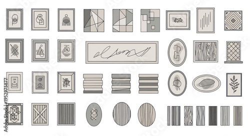 Collection of decorative wall art and framed prints in various shapes and styles.