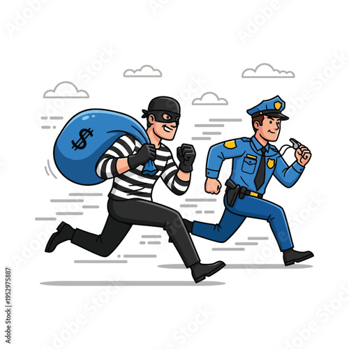 A police officer chasing a masked robber carrying a money bag