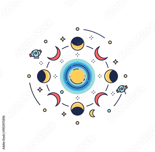 Lunar cycle badge circular emblem featuring layered moon phase icons and subtle star dots, representing astronomy, nature cycles and timeless celestial