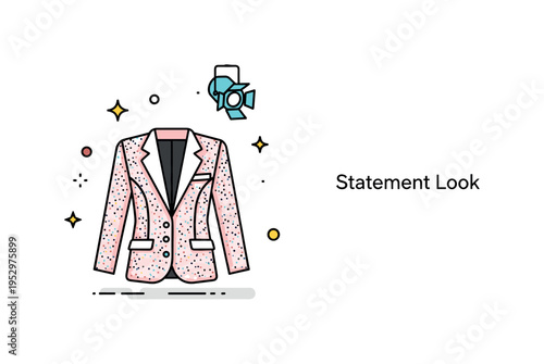 Glittering fashion sequined jacket concept featuring a structured blazer shape accented with tiny reflective dot patterns and a small spotlight icon above,