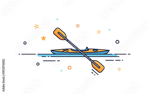 Lake kayaking experience centered on a single paddle crossing a calm water line with a small kayak silhouette, expressing motion and peaceful recreation during