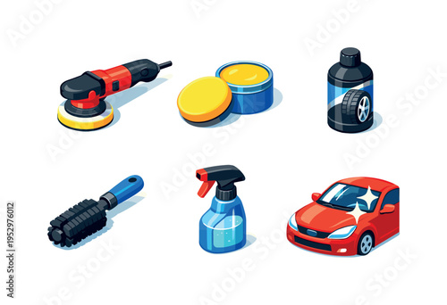 CarDetailing. Isometric flat vector icons set of car detailing: polishing machine, wax applicator pad, tire shine bottle, rim cleaning brush, detailing spray,