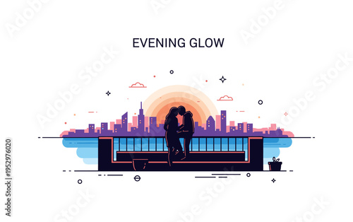 Romantic sunset city skyline scene showing a pair of silhouettes on a rooftop with a stylized skyline beneath a glowing horizon, expressing urban romance and